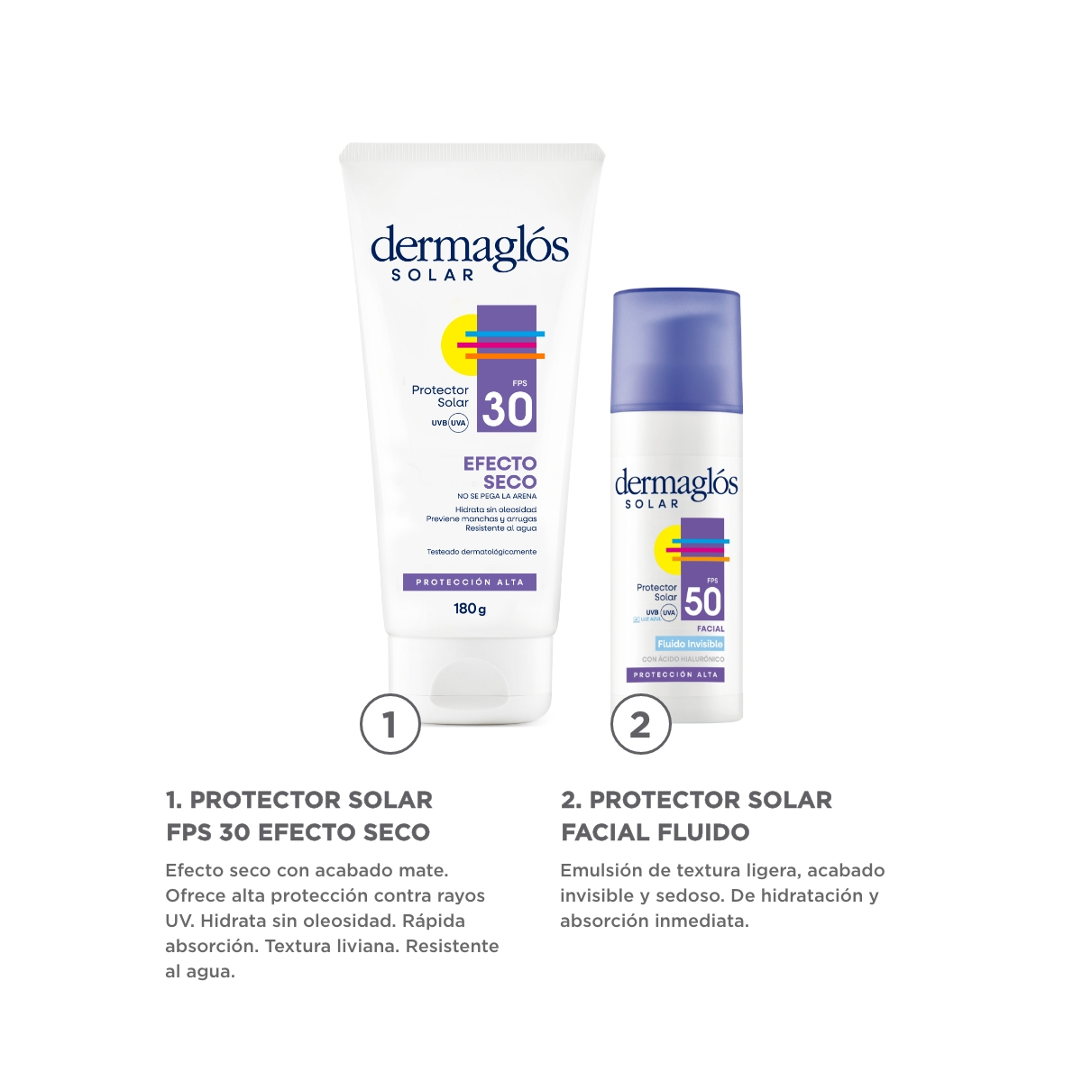 Combo Dermaglós Protector Solar Facial Fluido + Efecto Seco Fps 30