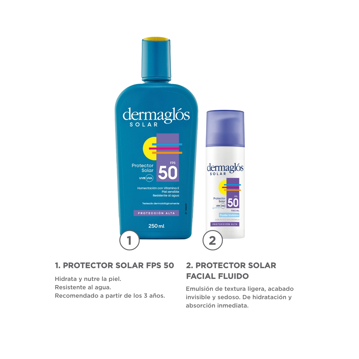 Combo Dermaglós Protector Solar Facial Fluido + Emulsión Fps 50