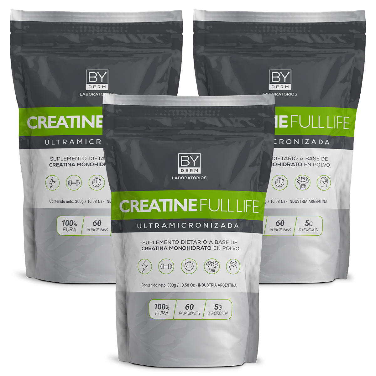 Pack 3 By Derm Creatine Full Life Creatina Ultramicronizada