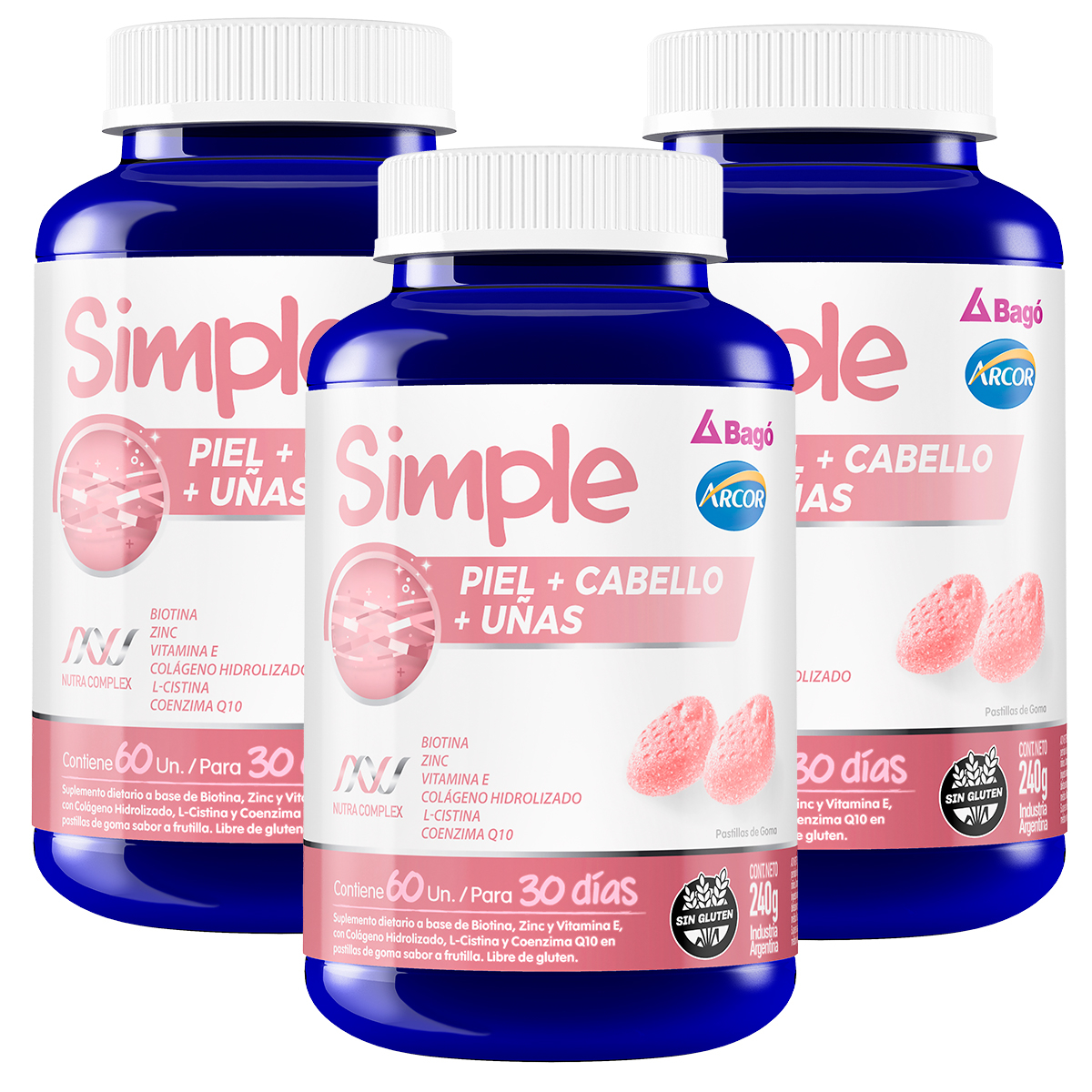 Pack 3 Simple Piel + Cabello + Uñas X 60 Pastillas De Goma